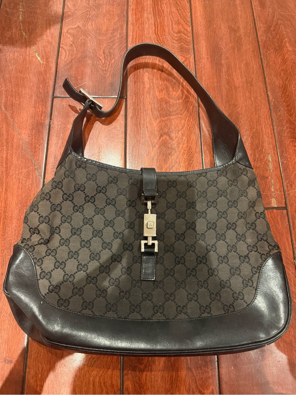 Vintage Gucci Jackie GG Canvas and Dark black Leather Shoulder Bag